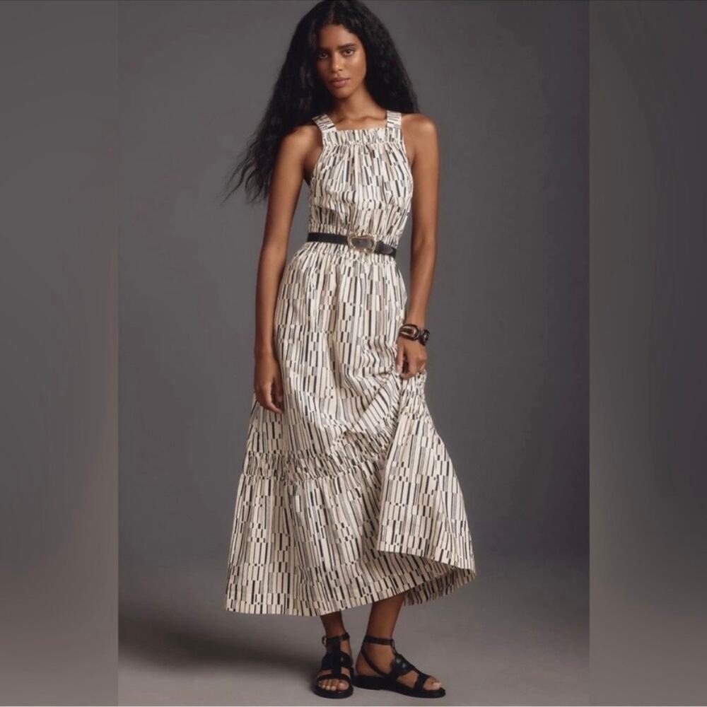 Anthropologie Somerset Poplin Halter Tiered Maxi Dress Neutral Geo Print Size S
